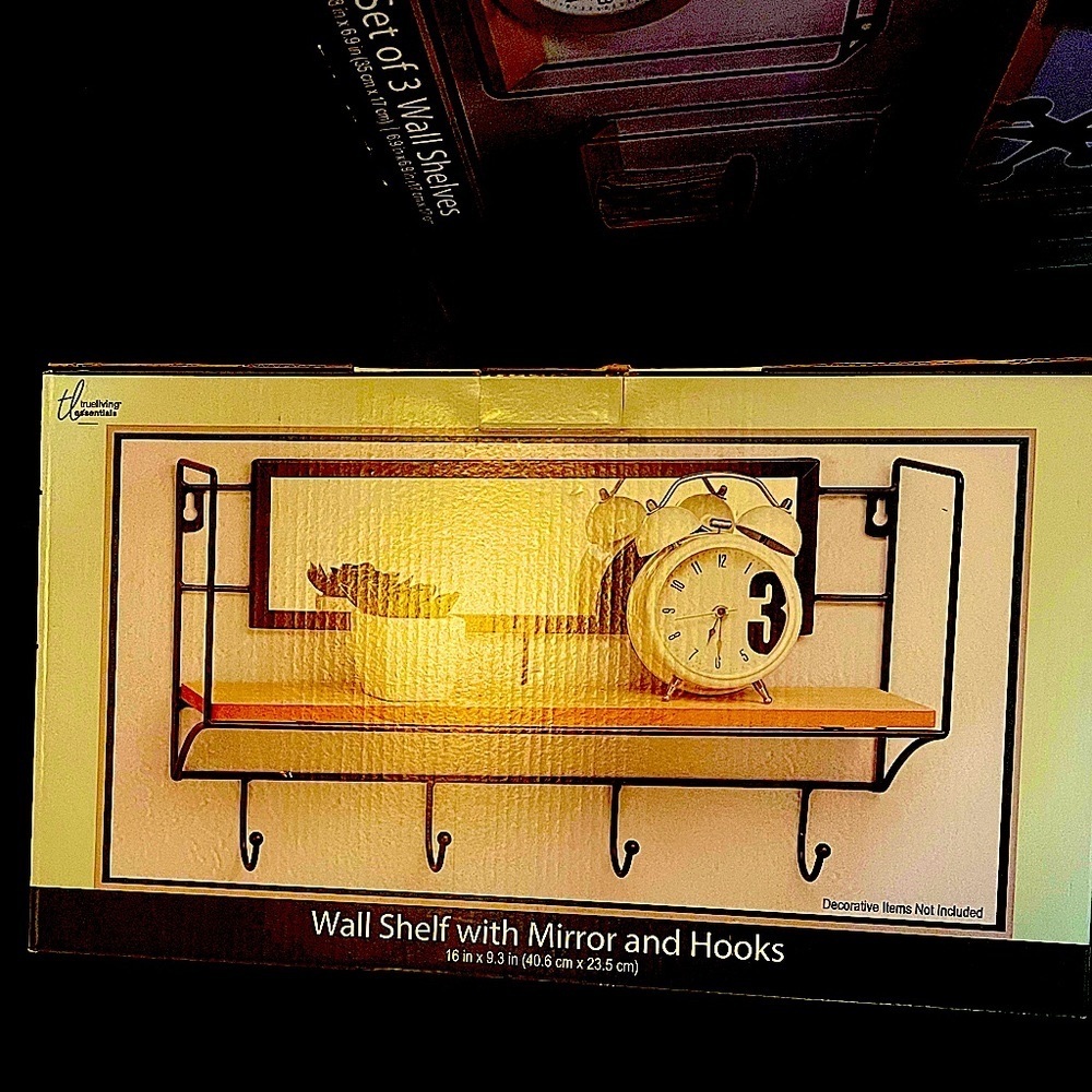 Home Wall Shelf with Mirror and Hooks - Black​